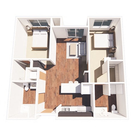 Floor plan for 2 beds, 2 baths, 906 sqft